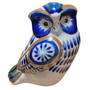 Tonala Owl Handpainted Mexican Folk Art  5” Blue Green White Brown Sculptural